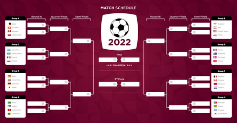 Football 2022 playoff match schedule. Tournament bracket. Football results table, participating to the final championship knockout.  Cup 2022 - obrazy, fototapety, plakaty