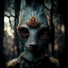 A creature of the woods Portrait 3D illustration with dramatic lighting in a front position reflecting the cultural heritage of another world