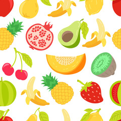 Doodle fruits seamless pattern background. Juicy colors. Vector illustration.