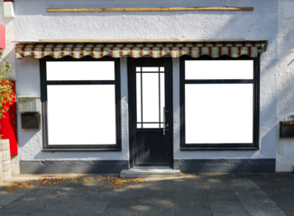 abandoned shop in the urban city near sidewalk, empty store with blank windows, store front..