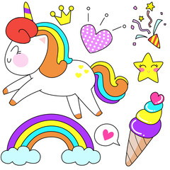 Unicorn Set of cute sticker cartoon doodle drawing set collection vector illustration
