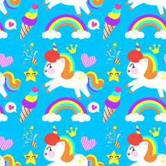 Seamless Unicorn pattern with cartoon  on a blue background.