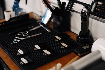  tools of barber shop on  the table