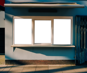 closed and locked kiosk store front in the urban city with empty windows.