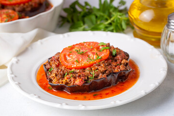 Traditional, delicious Turkish food, eggplant dish. Turkish name; Patlican oturtma