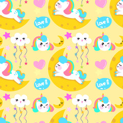 Vector seamless unicorn pattern with cartoon  on a color background.