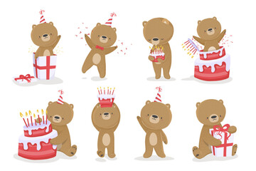 Festive Illustration of baby bear cartoon with a cake, Happy birthday greeting for print, design, poster, greeting card