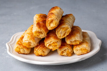 Potato roll pie. Turkish Tepsi Boregi, Round Borek, Tray pastry (Turkish name; rulo borek - sigara boregi)