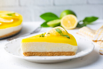 Delicious looking lemon cheesecake.Food concept photo.