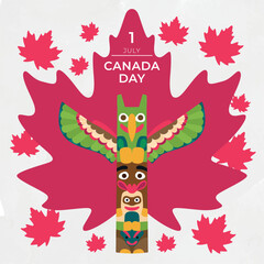 Isolated colored animal totem and maple leafs Happy Canada day Vector