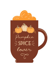 Pumpkin spice lover. International coffee day. Silhouette of a glass with foam. Vintage lettering. For cafes, shops, menus, posters, postcards, banners