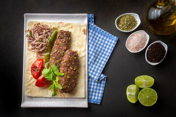 Traditional delicious Turkish cuisine, kebab type belonging to Adana and Antep regions, grilled pistachio kebab: Turkish name; fistikli kebab