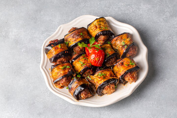 From traditional delicious Turkish cuisine; Meatballs in deep fried eggplant slices. Turkish name; Patlican sarma