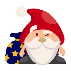 A joyful Santa Claus with a bag of presents. Winking character