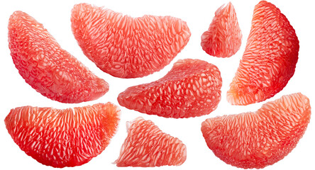 A set of ripe peeled grapefruit slices. PNG with transparent background.