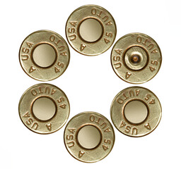Pistol bullet casings on white background, top view - obrazy, fototapety, plakaty