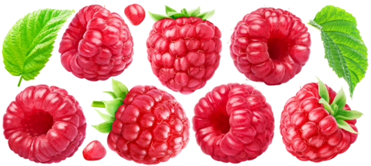 Set of ripe raspberries with leaves. PNG with transparent background.