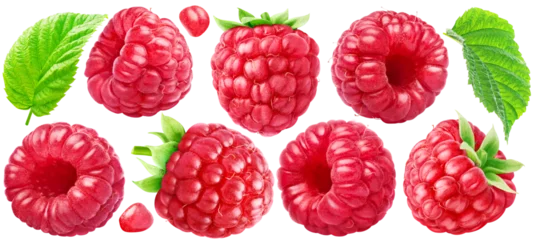 Poster Set of ripe raspberries with leaves. PNG with transparent background. © Victoria