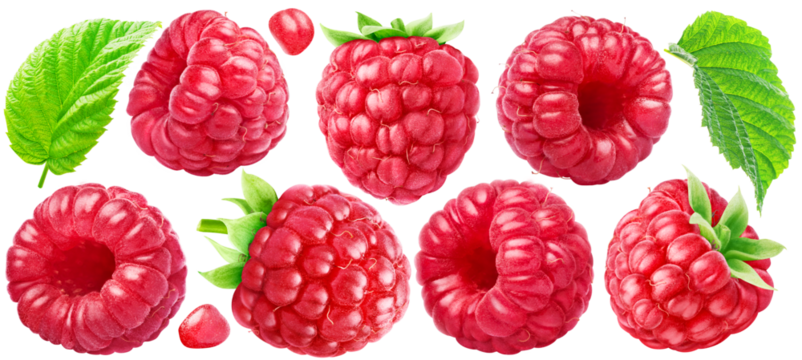 Set of ripe raspberries with leaves. PNG with transparent background.