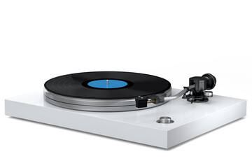 Vinyl record player or DJ turntable with retro vinyl disk on white background.