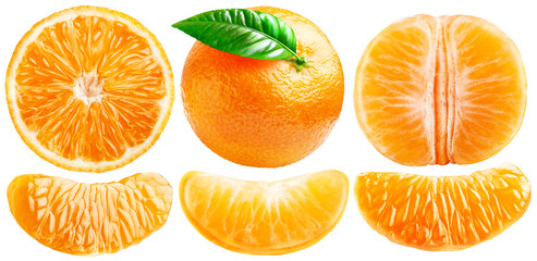 A set of ripe oranges: one whole with a leaf, one cut in half and orange slices. Peeled orange...