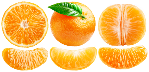 A set of ripe oranges: one whole with a leaf, one cut in half and orange slices. Peeled orange slice. PNG with transparent background.