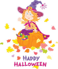 Happy little Halloween witch with a big hat and a cloak with stars sitting on a large orange pumpkin and waving in greeting among colorful autumn leaves, vector cartoon postcard