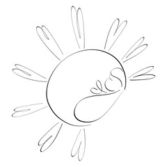 newborn baby wrapped in a diaper asleep inside the sun with rays in the shape of hearts, black outline