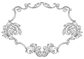 Decorative floral frame in baroque style. Engraved black curling plant.