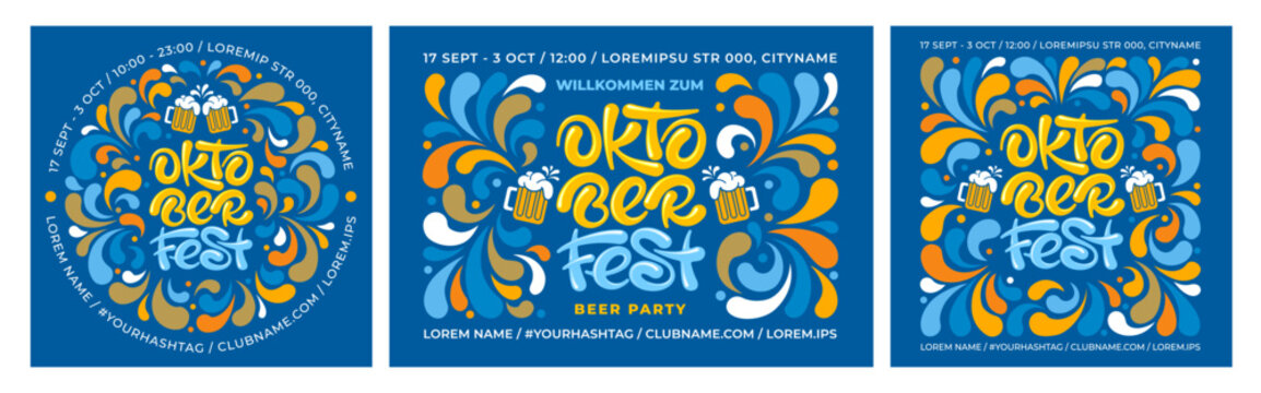 Advertisement of Oktoberfest festival. Templates set, unusual design, calligraphy lettering, beer mugs. Decorated with bright graphic elements on the blue background. Vector illustration