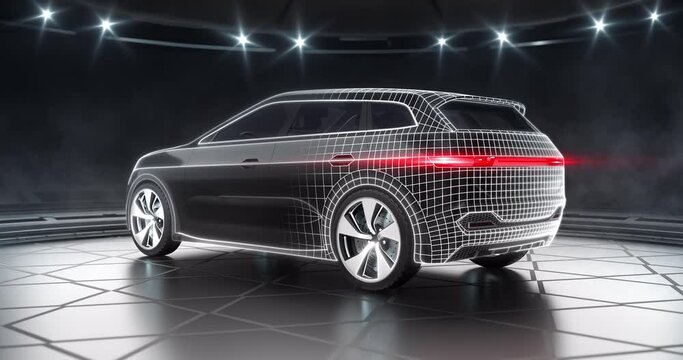 Tech plan and modern design of black suv car with red headlights at showroom with spotlights. A back side view of the car. Professional automotive 4K video with own designed generic non existing car m