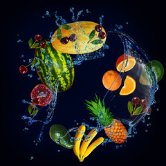 Obraz na płótnie Canvas Panorama, wallpaper with fruits in the water - fresh pomegranate, orange, banana, cherry, avocado, watermelon, melon are full of vitamins for the diet