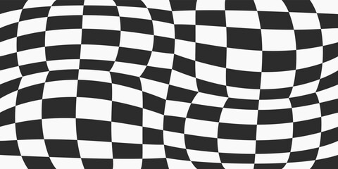 Convex checkerboard. Black and white checkers curved, seamless. Interior and decoration, seamless pattern for surface.