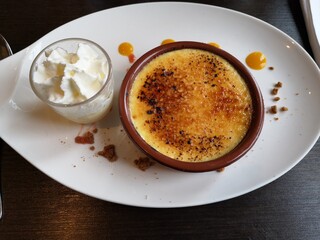 Gastronomic burned cream with whipped crea