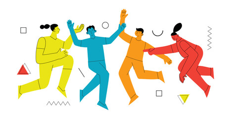 Young men and women with abstract geometric shapes. Team building and teamwork concept. Business partnership, cooperation and communication. Modern flat cartoon style.