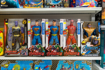 Fototapeta premium Superhero figure toys on store shelf. Minsk, Belarus, 2022