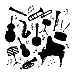 Set of jazz musical instruments. Funny vector flat silhouette illustration with trumpet and saxophone on white square background. Various musical symbols and objects, notes for poster or flyer