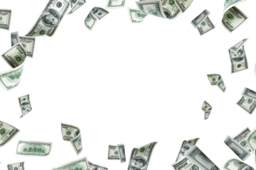 Money stack. Hundred dollars of America. Falling money isolated, us bill background.