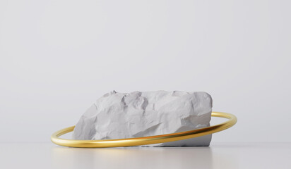 Abstract white stone rock with gold shape. Product and cosmetic display showcase background. 3D Rendering