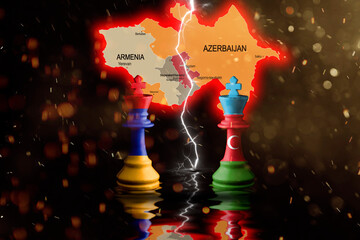armenia and azerbaijan flags paint over on chess king. 3D illustration. armenia azerbaijan disputed territory map behind.