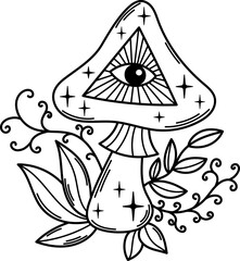 Occult magic outline mushroom vector clipart. Mystical boho celestial line art mushroom illustration