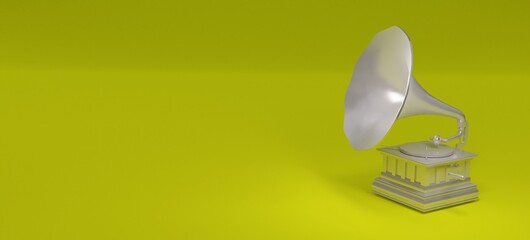 old gramophone 3d illustration, yellow background, 3d rendering