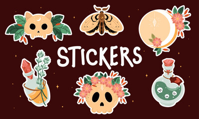 Halloween stickers, ready-made Halloween stickers, Halloween sticker set, skull, moon, bottle, moth, potion, magical, sorcery, witchcraft