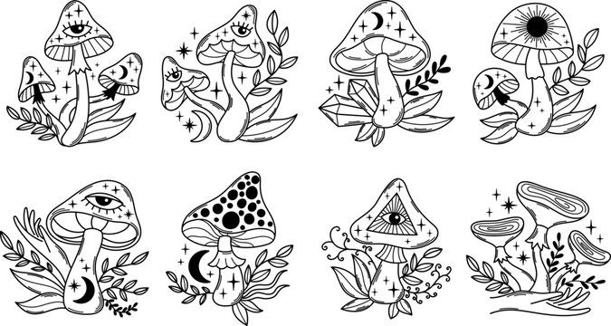 Magic mushrooms outline vector illustrations set