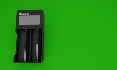 a 3d illustration, battery charger, green background, copy space, 3d rendering.