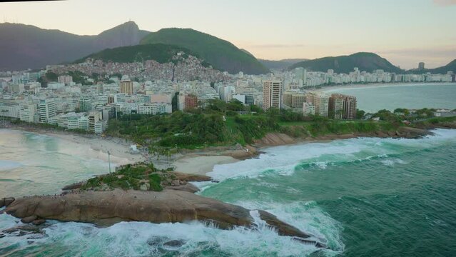 Aerial view of Rio de Janeiro Coastline, Skyline and Rosinha Favela. Ipanema and Copacabana Beach.