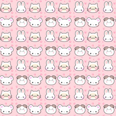 Vector seamless cartoon  pattern with face animals  on a pink background.