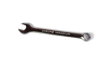 Wrench isolated on white background. Chrome vanadium metal wrench close up.