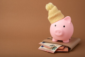 Savings concept. Piggy bank and money on brown texture background. A piggy bank in a warm winter...