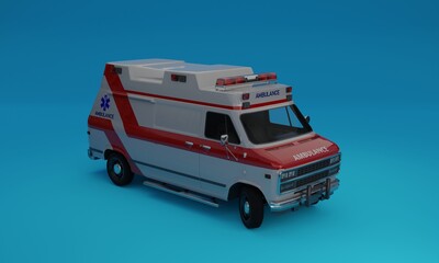 3d illustration, ambulance, blue background 3d rendering.